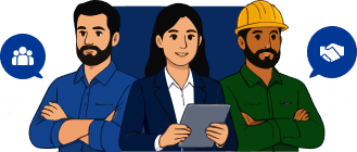 Three professionals — an engineer, a businesswoman, and a construction worker