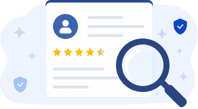 A customer profile card with a star rating being inspected through a magnifying glass